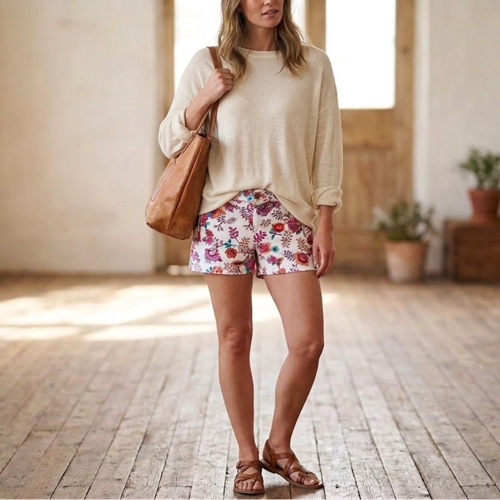 Floral Print Cotton Blend Women's Shorts - Cream/Pink